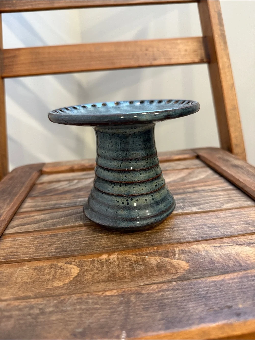 Handmade Studio Pottery Pedestal Candle Riser Stand Blue Speckled Glaze Signed